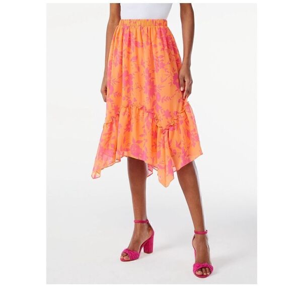 Scoop womens ruffle tiered midi skirt orange and pink size Medium New without ta - Picture 1 of 12